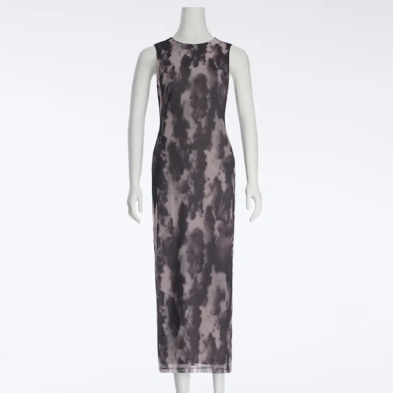 Mesh Abstract Painting Printed Vest Long Sexy Fashion Hip-Hugging Dress