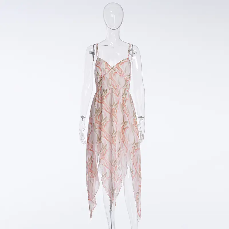 Beach Dress, Seaside Vacation Dress, Backless Floral Suspender Pink Dress