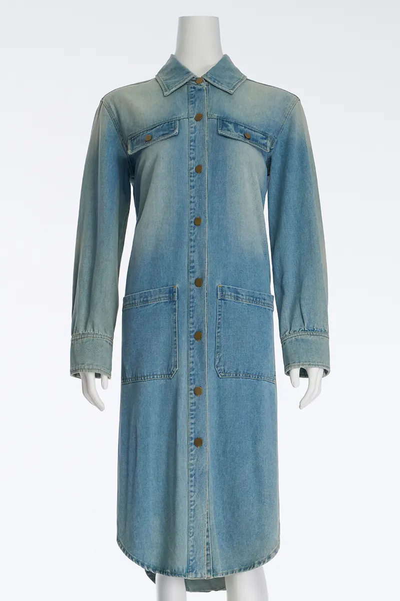 Modern Retro Washed Workwear Denim Long Trench Coat For Women