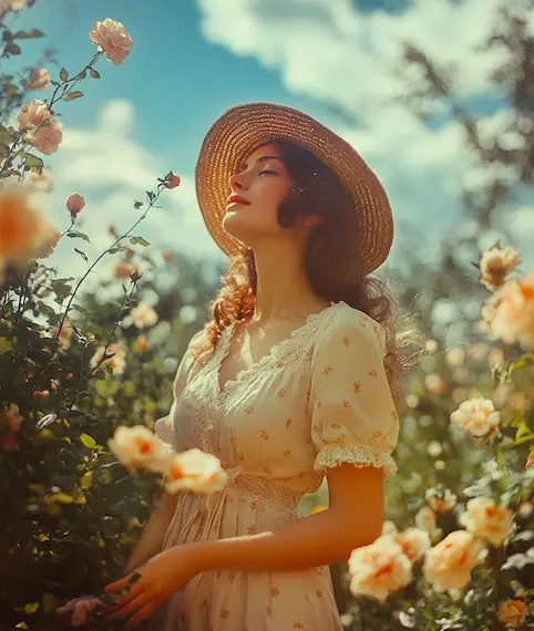 A woman enjoying a sunny day in a cotton sundress with a straw hat, surrounded by flowers in a garden.png