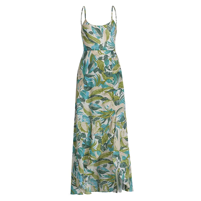 Women's Avocado Green Printed Sexy Suspender Dress Long Skirt