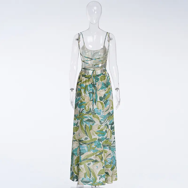 Women's Avocado Green Printed Sexy Suspender Dress Long Skirt