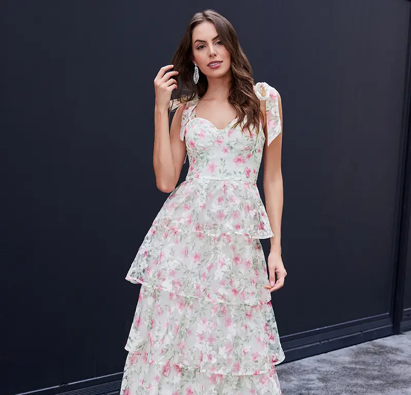 Women's Romantic And Lively Organza/Chiffon Printed Shoulder Strap Dress, Cake Skirt