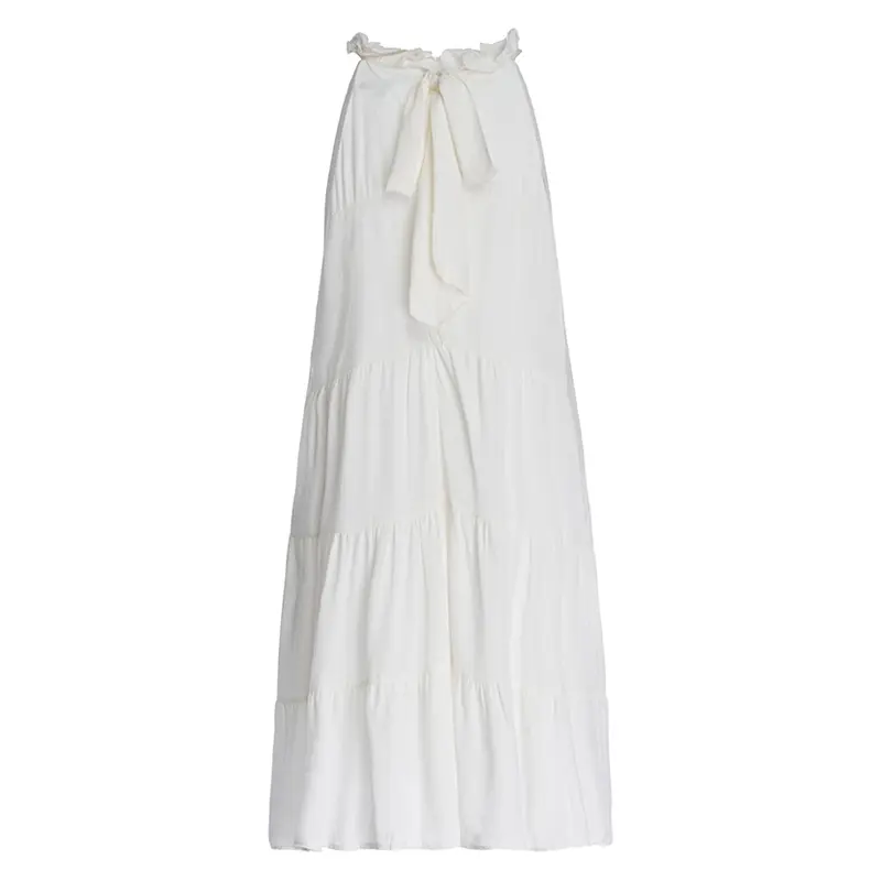 French Resort Style Sleeveless Off-shoulder Cake Dress White Bow Halter Neck Dress