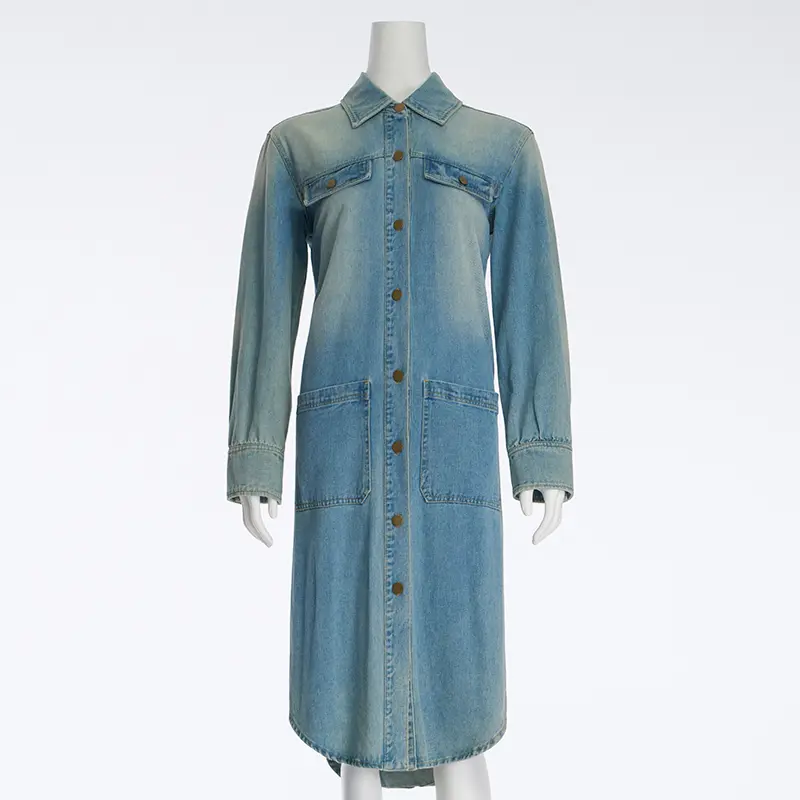 Modern Retro Washed Workwear Denim Long Trench Coat For Women