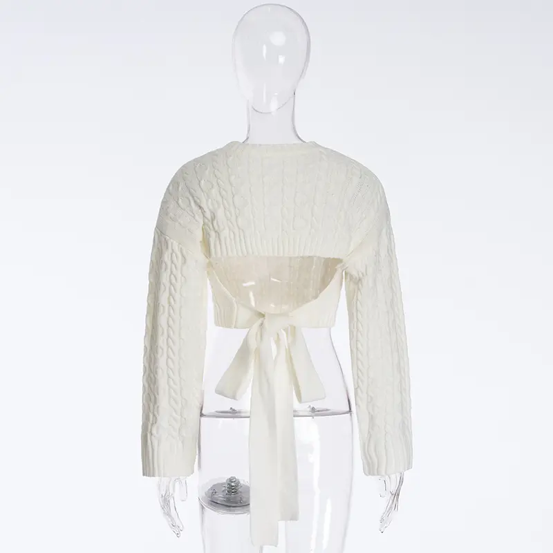 Women's Round neck Long Sleeve Backless Tie Bow Twist Sweater