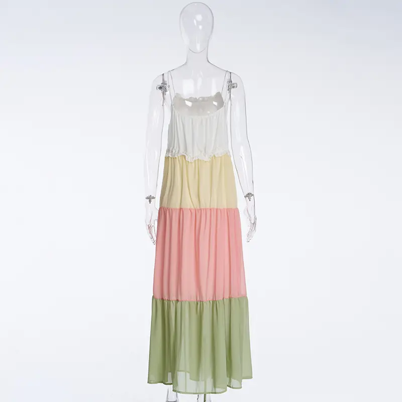 French Resort Style Suspender Dress Long Dress With Contrasting Color Splicing Design