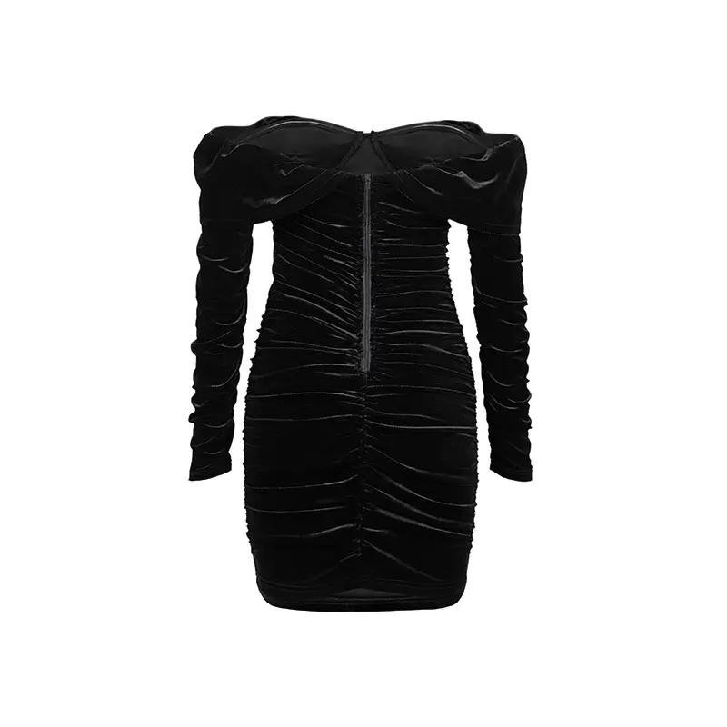 Velvet Fabric Women's Black Long Sleeve Off The Shoulder Dress
