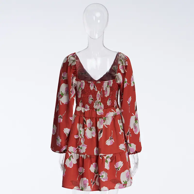 Elegant And Ladylike Red Printed Puff Long-sleeved Satin Loose V-neck Dress