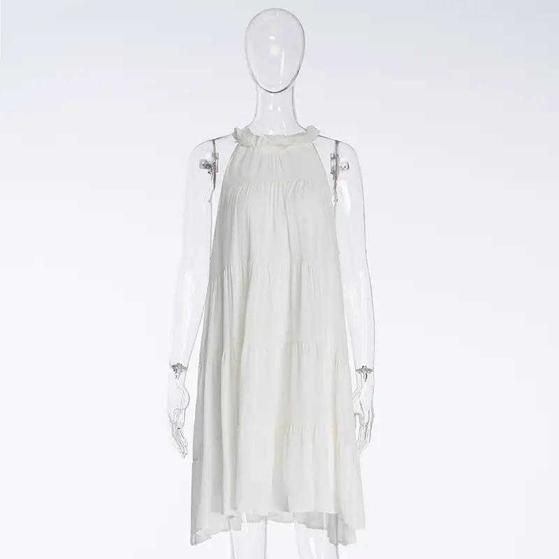 French Resort Style Sleeveless Off-shoulder Cake Dress White Bow Halter Neck Dress