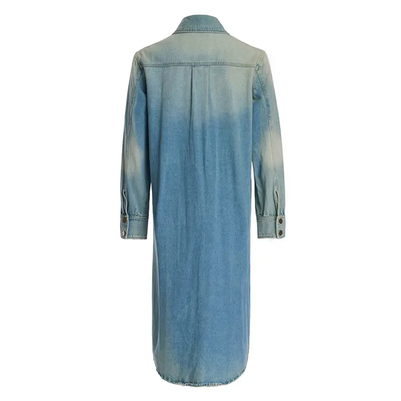 Modern Retro Washed Workwear Denim Long Trench Coat For Women