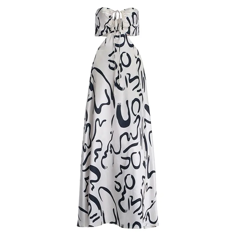 Fashionable Satin Printed Fabric Strapless Bust Dress Long Skirt
