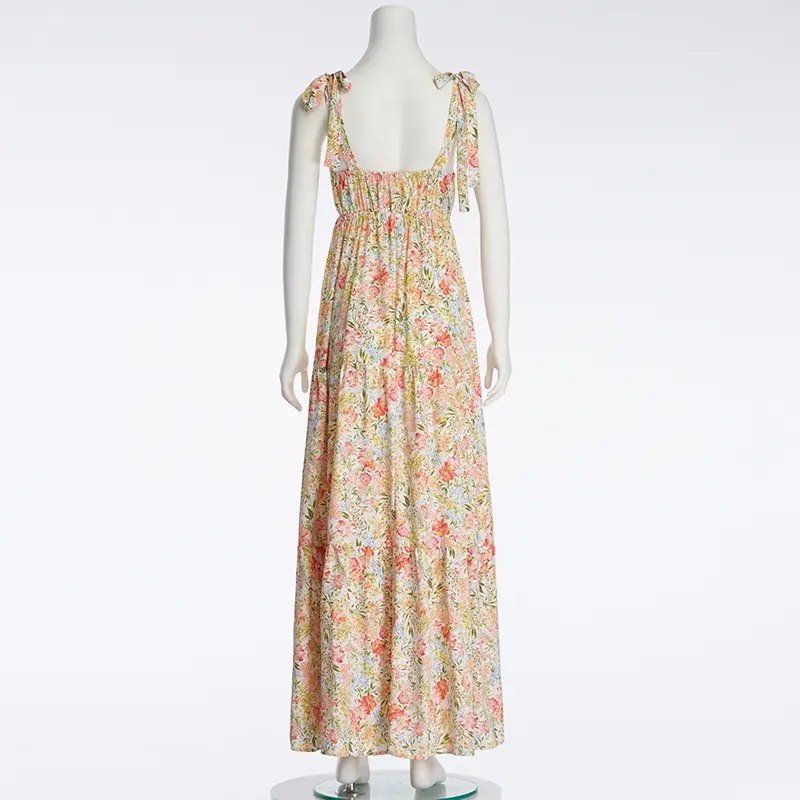 Spring And Summer New Temperament Sleeveless Bow Tie Floral Dress Long Skirt