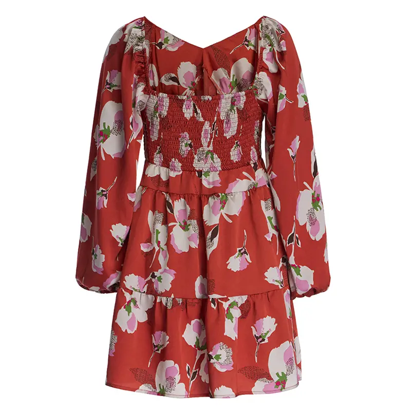Elegant And Ladylike Red Printed Puff Long-sleeved Satin Loose V-neck Dress