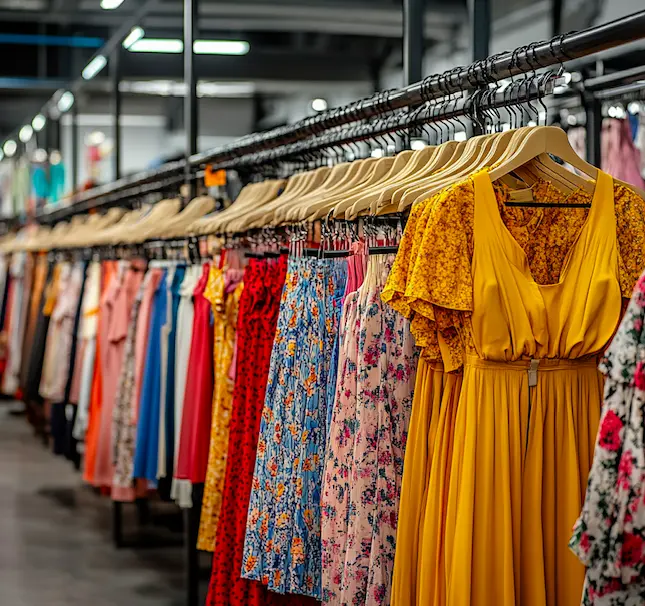 Modern women’s clothing wholesale showroom, with various tops, jumpsuits, and dresses neatly arranged on racks, bright lighting, professional setting.png