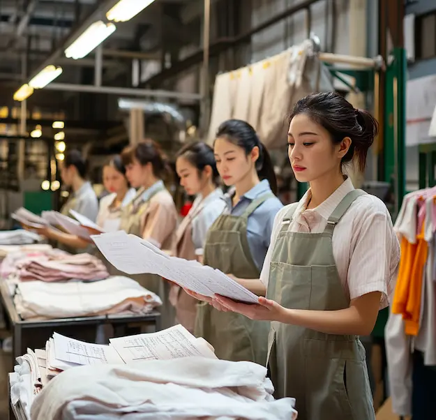 Quality inspectors hold clothing acceptance checklists and check women's clothing on the production line.png