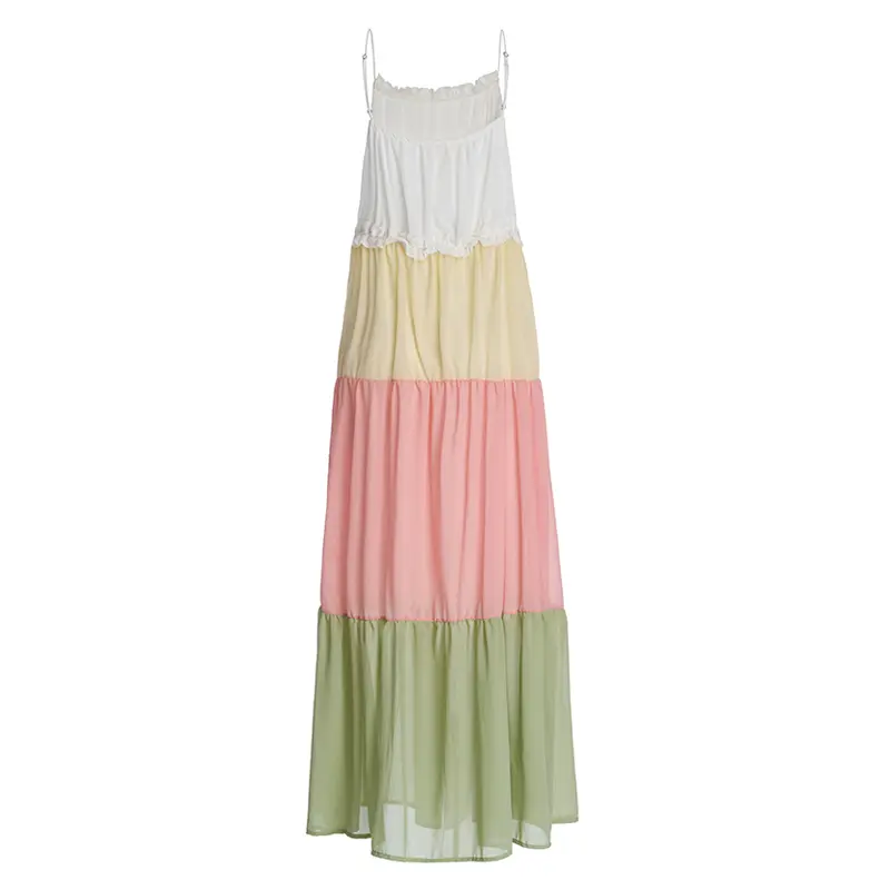 French Resort Style Suspender Dress Long Dress With Contrasting Color Splicing Design