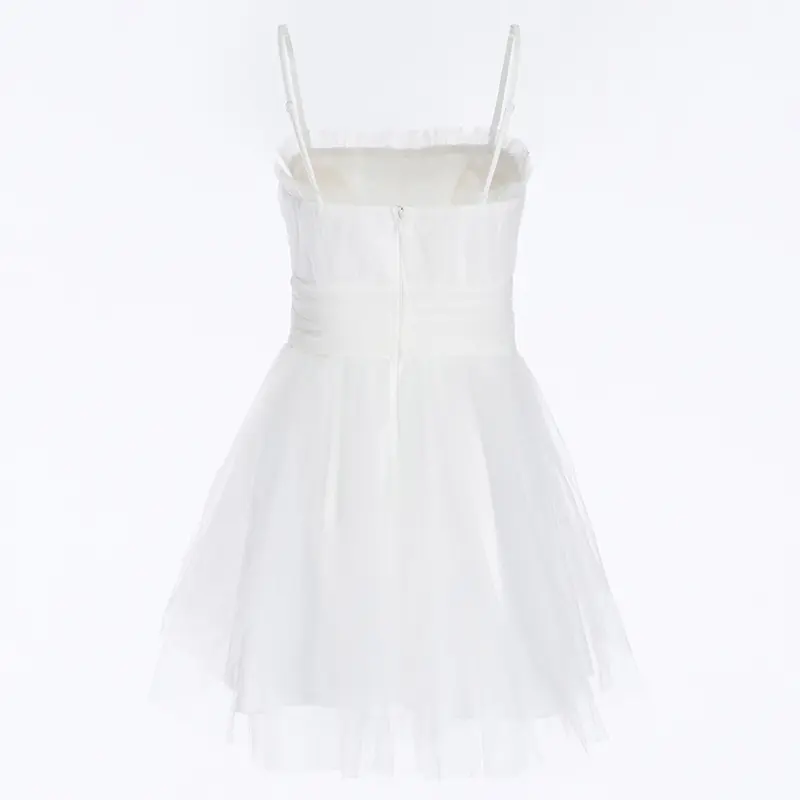 Fashionable And Sexy White Suspender Mesh Gathered Dress