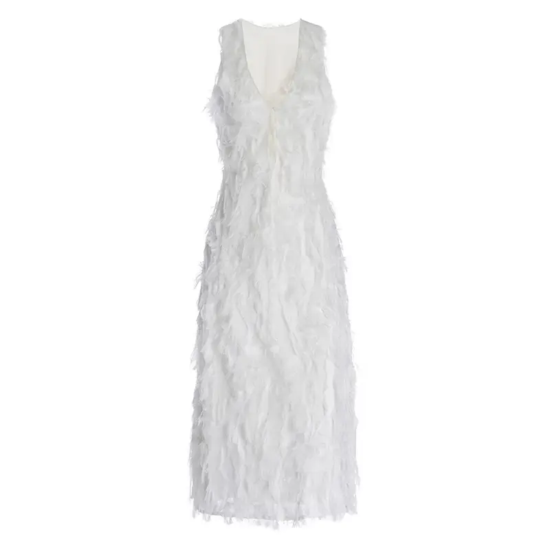 French Resort Style V-neck Tassel Suspender Dress, Simple And Fashionable Sleeveless Vest Dress
