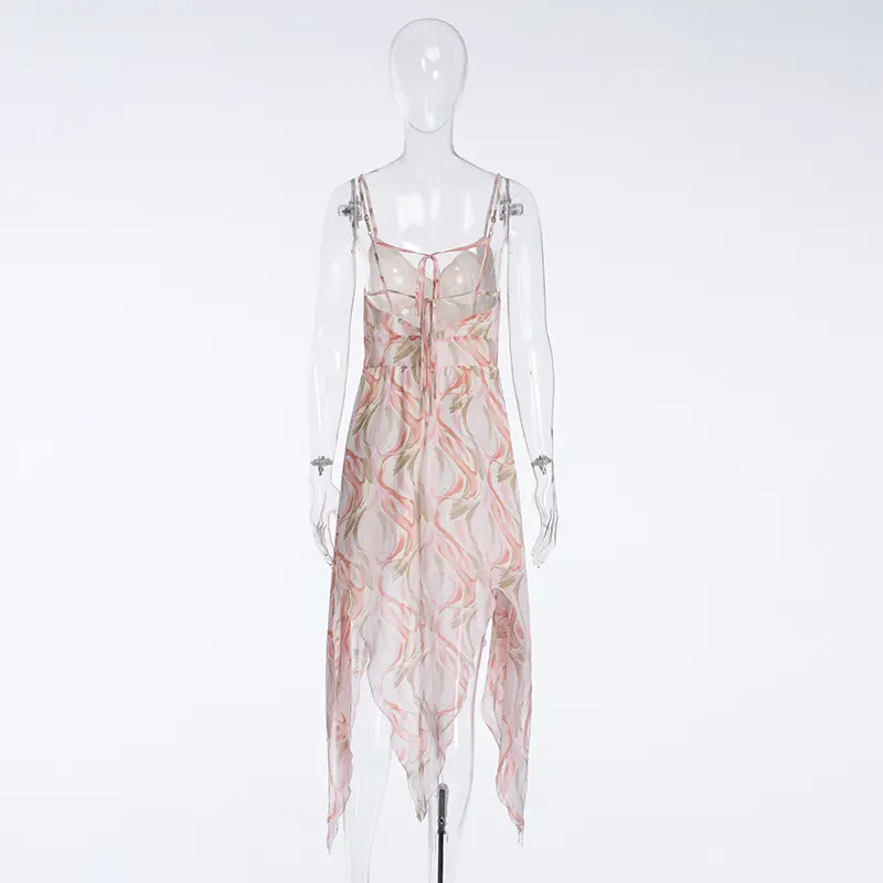 Beach Dress, Seaside Vacation Dress, Backless Floral Suspender Pink Dress