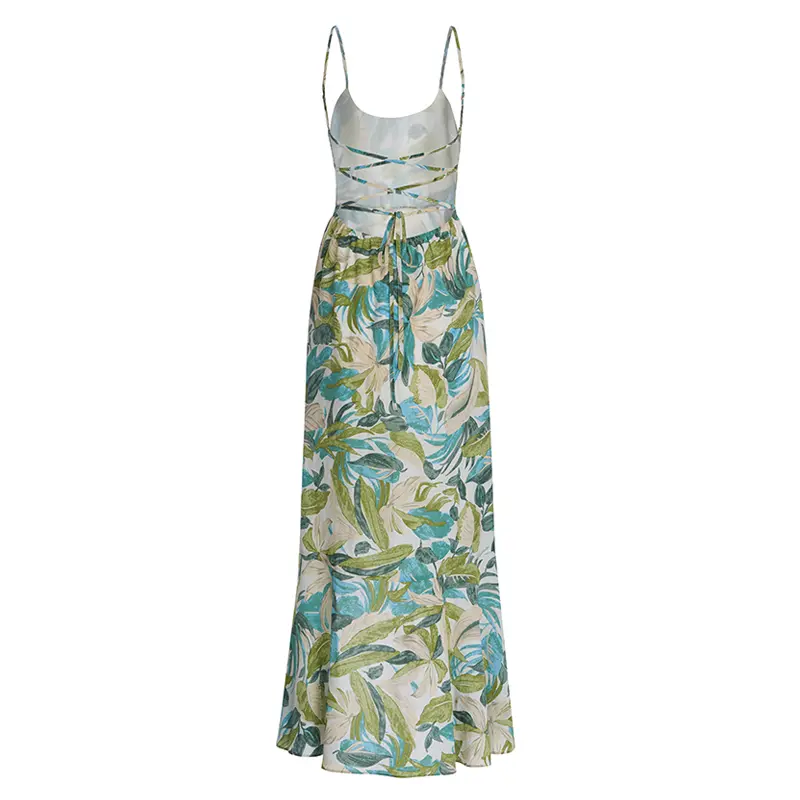 Women's Avocado Green Printed Sexy Suspender Dress Long Skirt
