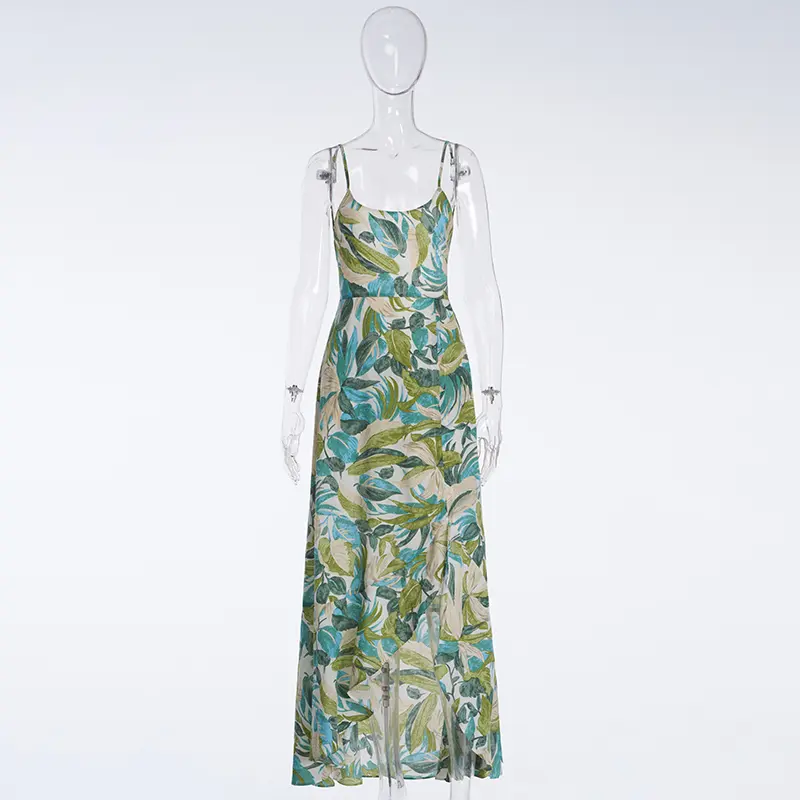 Women's Avocado Green Printed Sexy Suspender Dress Long Skirt