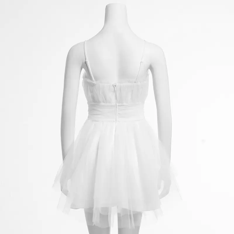 Fashionable And Sexy White Suspender Mesh Gathered Dress