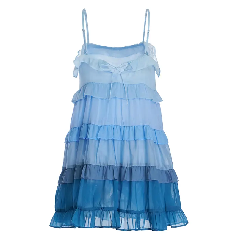 French Resort Style Tie Bow Blue Gradient Suspender Strapless Cake Skirt Dress