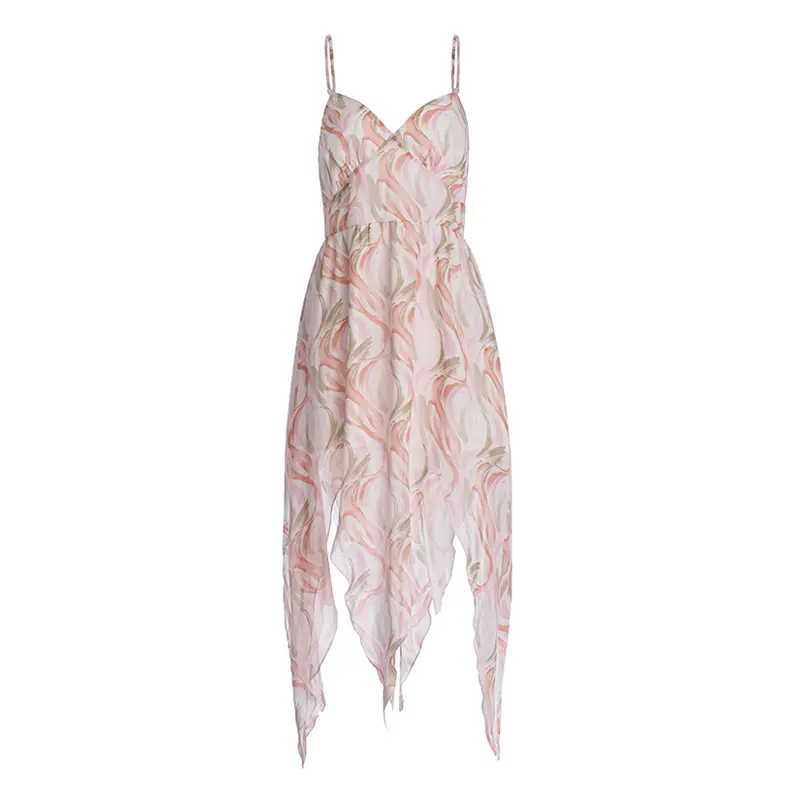 Beach Dress, Seaside Vacation Dress, Backless Floral Suspender Pink Dress