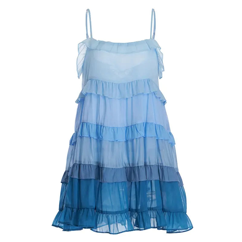 French Resort Style Tie Bow Blue Gradient Suspender Strapless Cake Skirt Dress