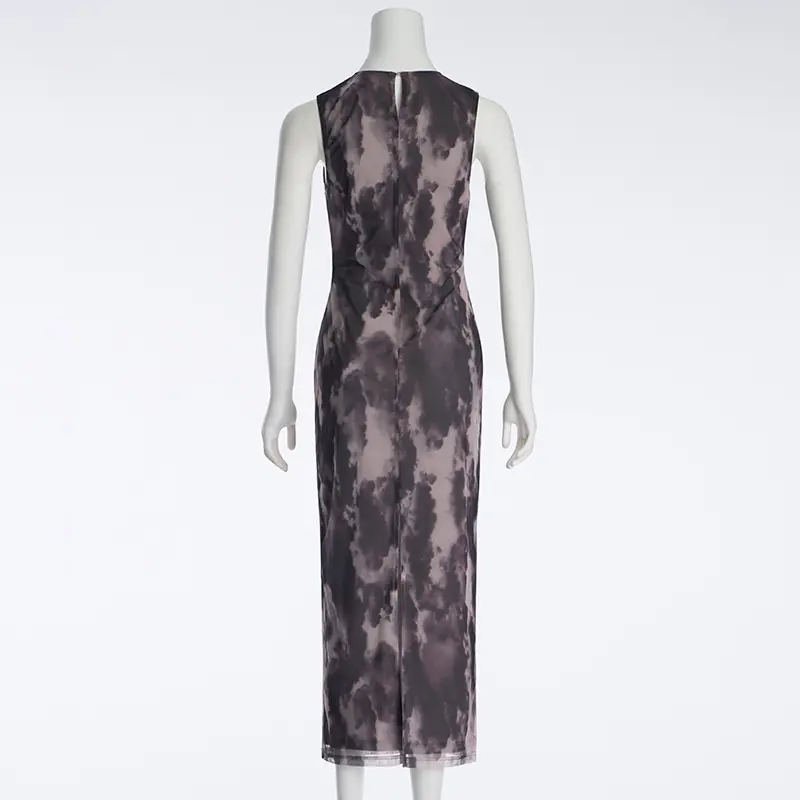 Mesh Abstract Painting Printed Vest Long Sexy Fashion Hip-Hugging Dress
