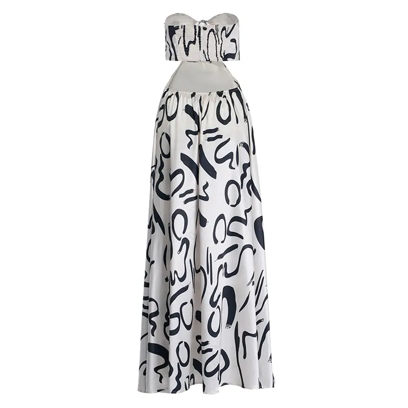 Fashionable Satin Printed Fabric Strapless Bust Dress Long Skirt