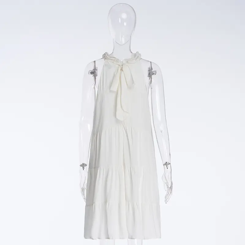 French Resort Style Sleeveless Off-shoulder Cake Dress White Bow Halter Neck Dress