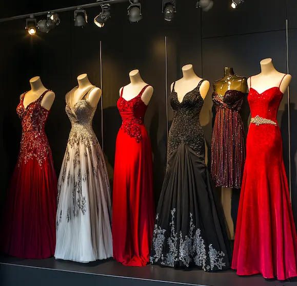 A display of different dress styles on mannequins, showcasing evening dresses and casual outfits for various occasions..png