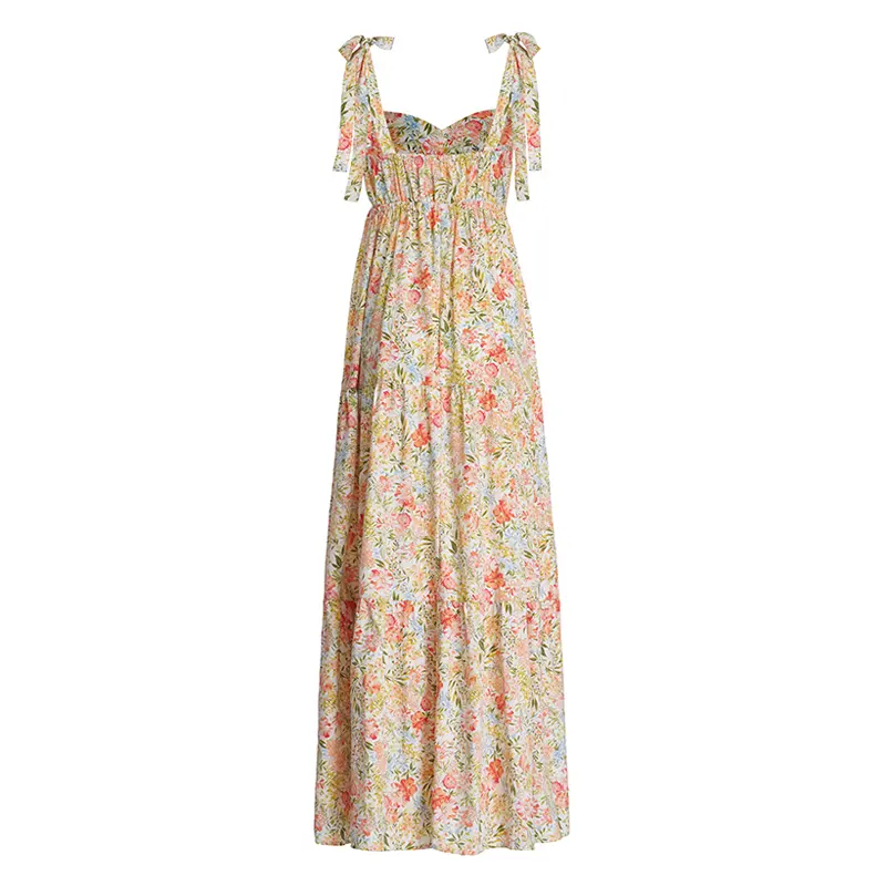 Spring And Summer New Temperament Sleeveless Bow Tie Floral Dress Long Skirt