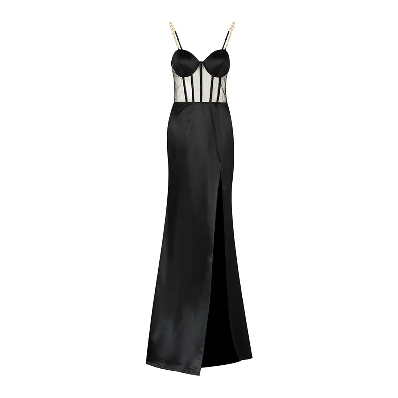 Satin Fabric Woven's Black Long Evening Dress