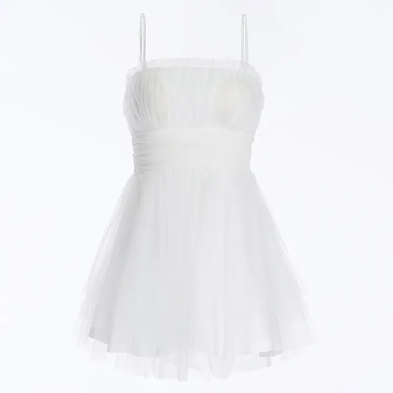 Fashionable And Sexy White Suspender Mesh Gathered Dress