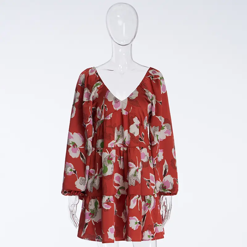 Elegant And Ladylike Red Printed Puff Long-sleeved Satin Loose V-neck Dress