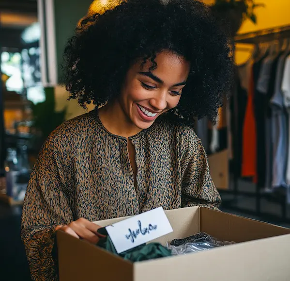 Fashion retailer unboxing women’s clothing in boutique store, showing customized hang tags and packaging, smiling and happy with quality.png