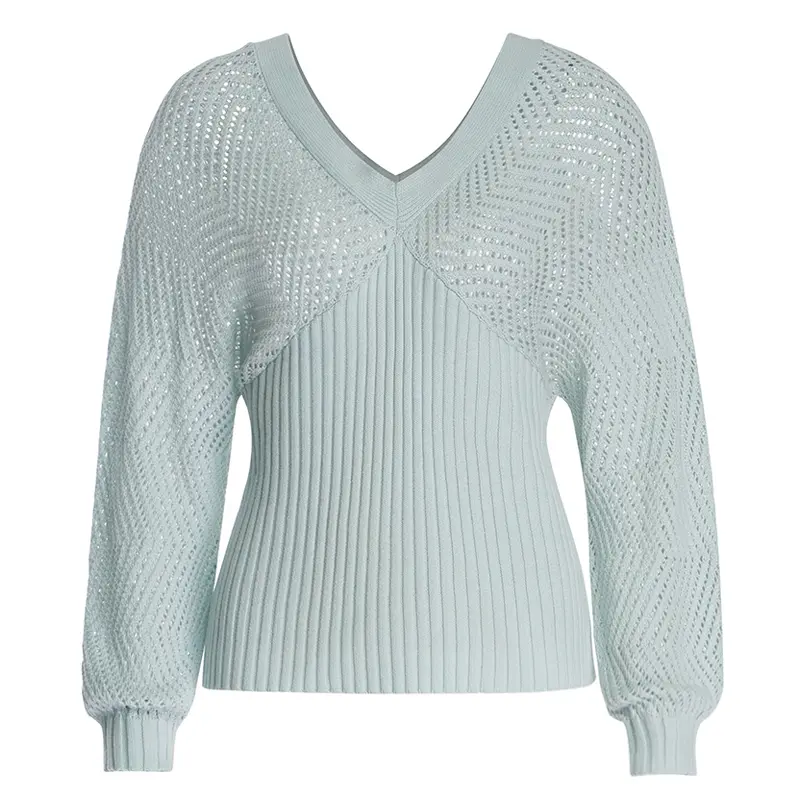 Women's Hollow V-neck Knitted Long-sleeved Sweater
