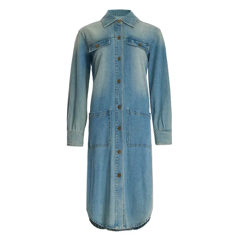 Modern Retro Washed Workwear Denim Long Trench Coat For Women