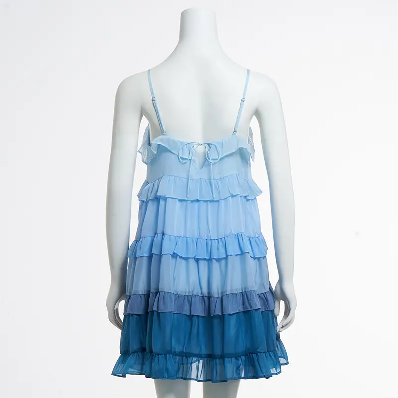 French Resort Style Tie Bow Blue Gradient Suspender Strapless Cake Skirt Dress