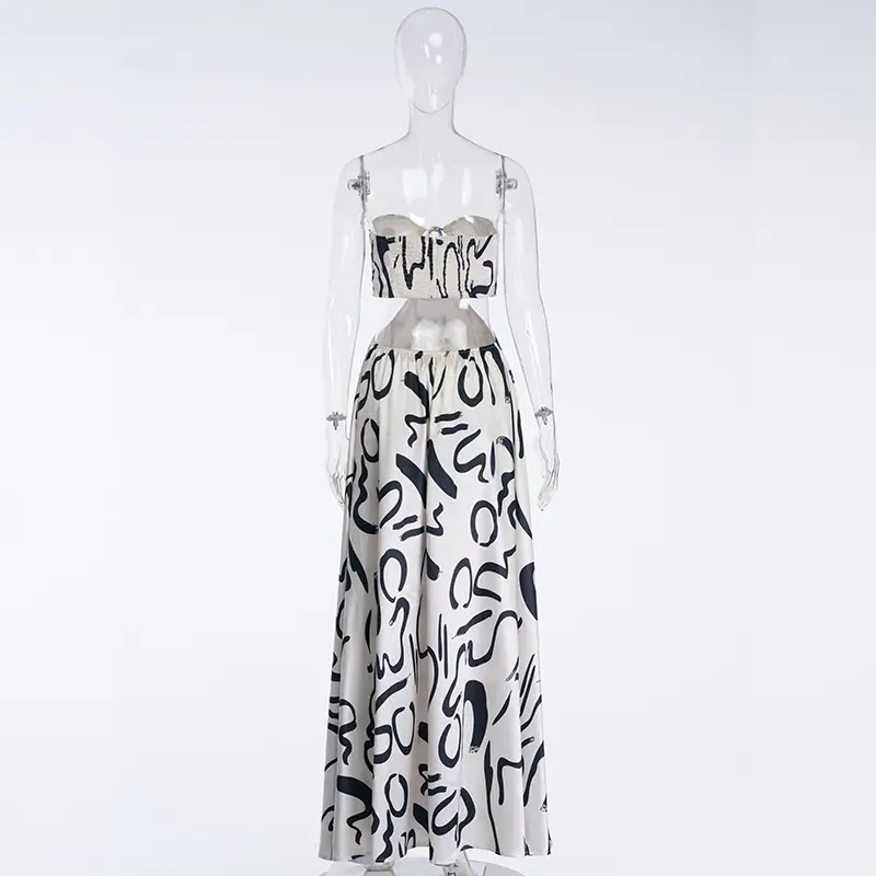 Fashionable Satin Printed Fabric Strapless Bust Dress Long Skirt