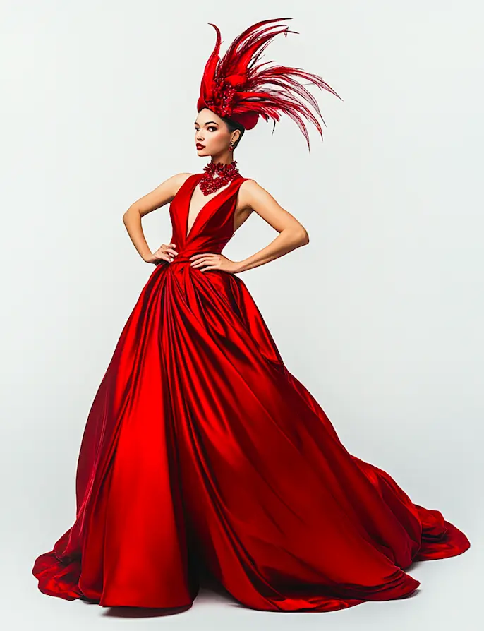 A woman in a deep red evening dress with matching accessories.png