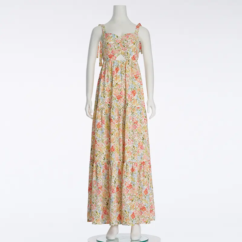 Spring And Summer New Temperament Sleeveless Bow Tie Floral Dress Long Skirt