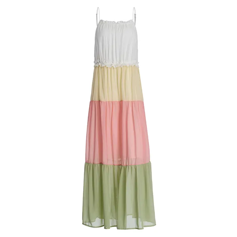 French Resort Style Suspender Dress Long Dress With Contrasting Color Splicing Design