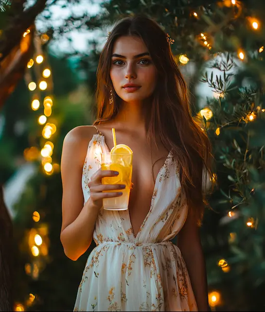A woman in a chic chiffon dress at an outdoor summer party, holding a glass of lemonade under twinkling fairy lights.png